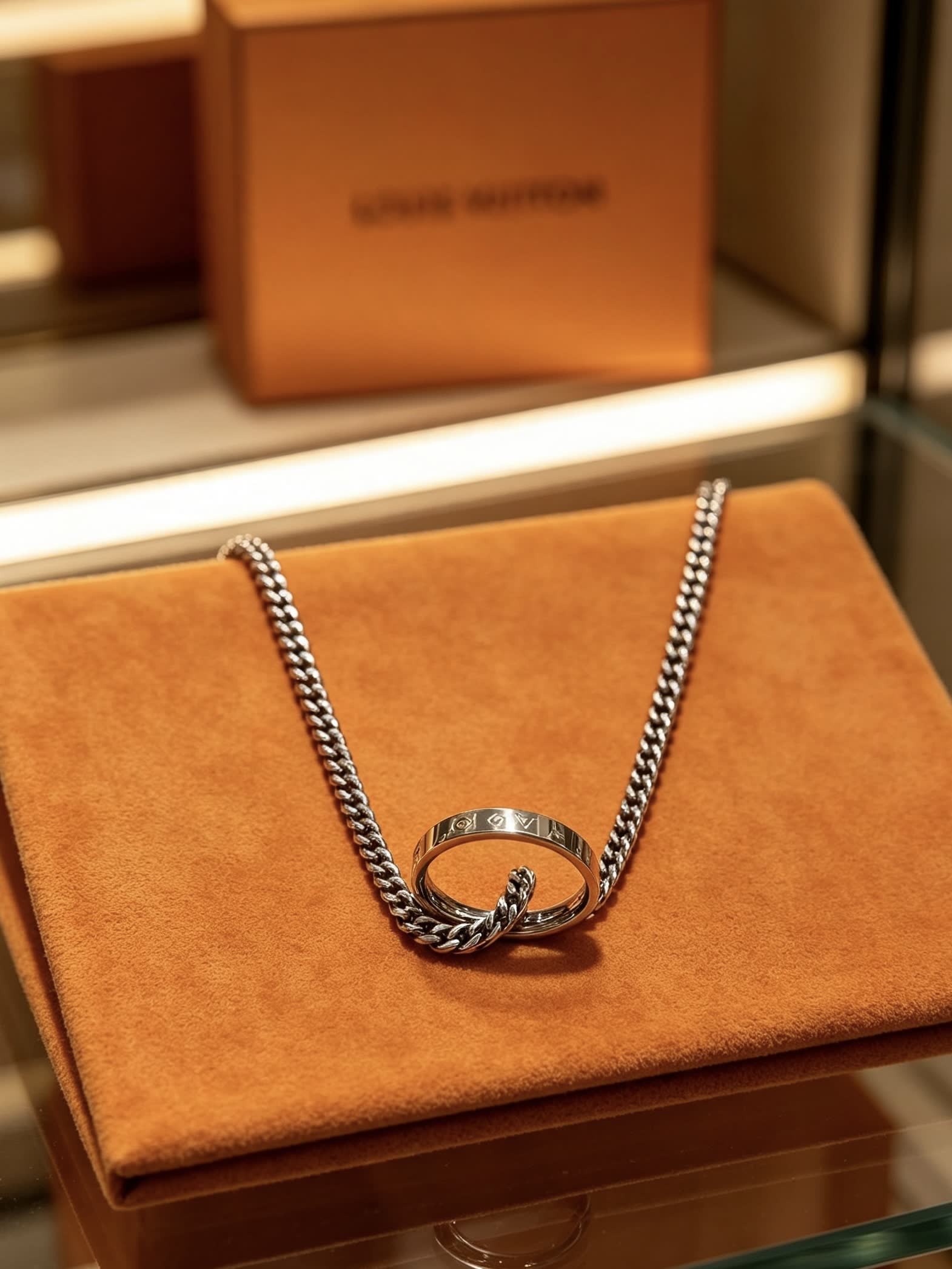 Louis Vuitton Silver Chain Necklace with Ring and Logo Charm